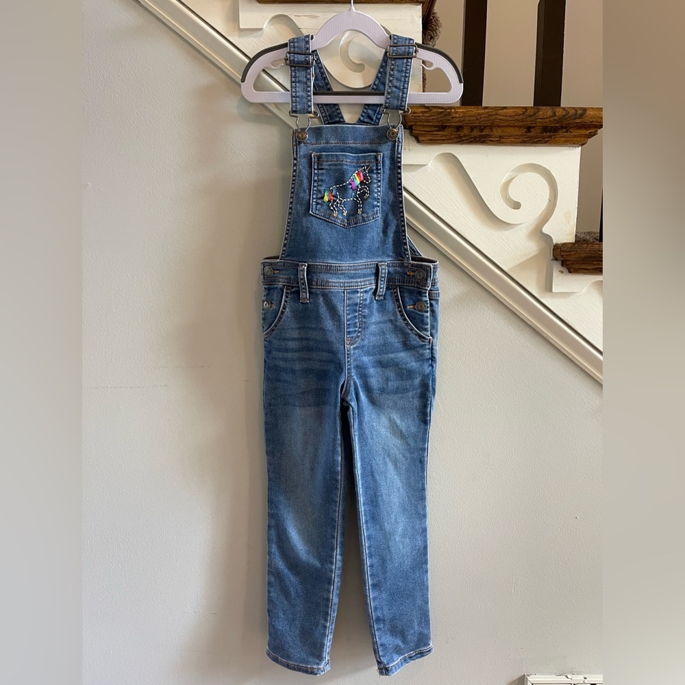 Cat & Jack Unicorn Denim Overalls, Size XS (4/5)